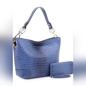 MKF Blue Ostrich‎ Embossed Vegan Leather Hobo Bag & Wristlet Wallet Set NEW!